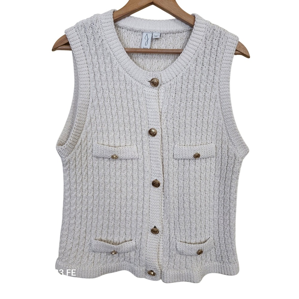 Joie Sweater Vest Womens XL White Textured Knit Gold Crest Button Front Cardigan